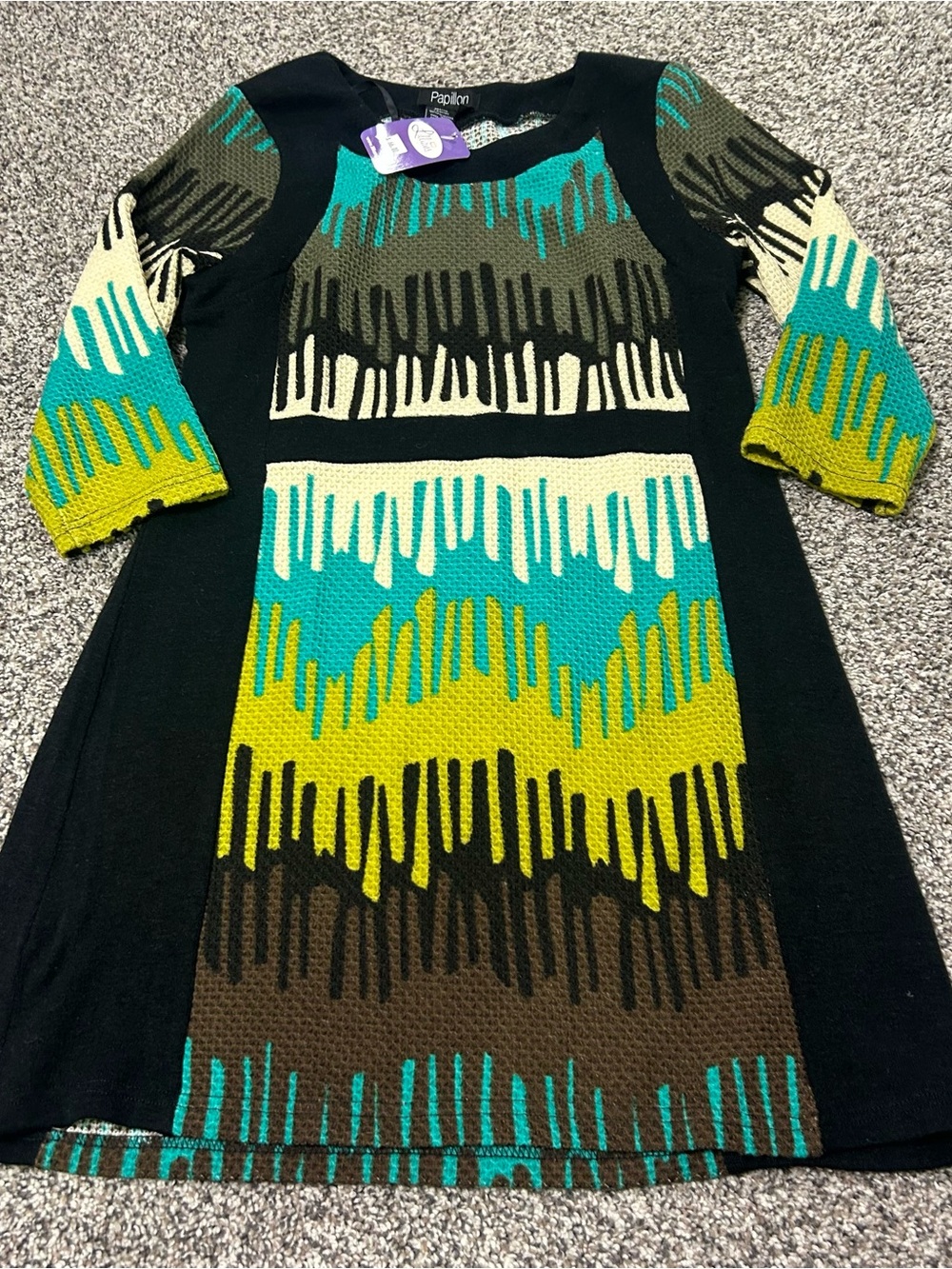 Papillon Sweater Dress Sz Medium 3/4 Sleeves Geometric Modest NWT